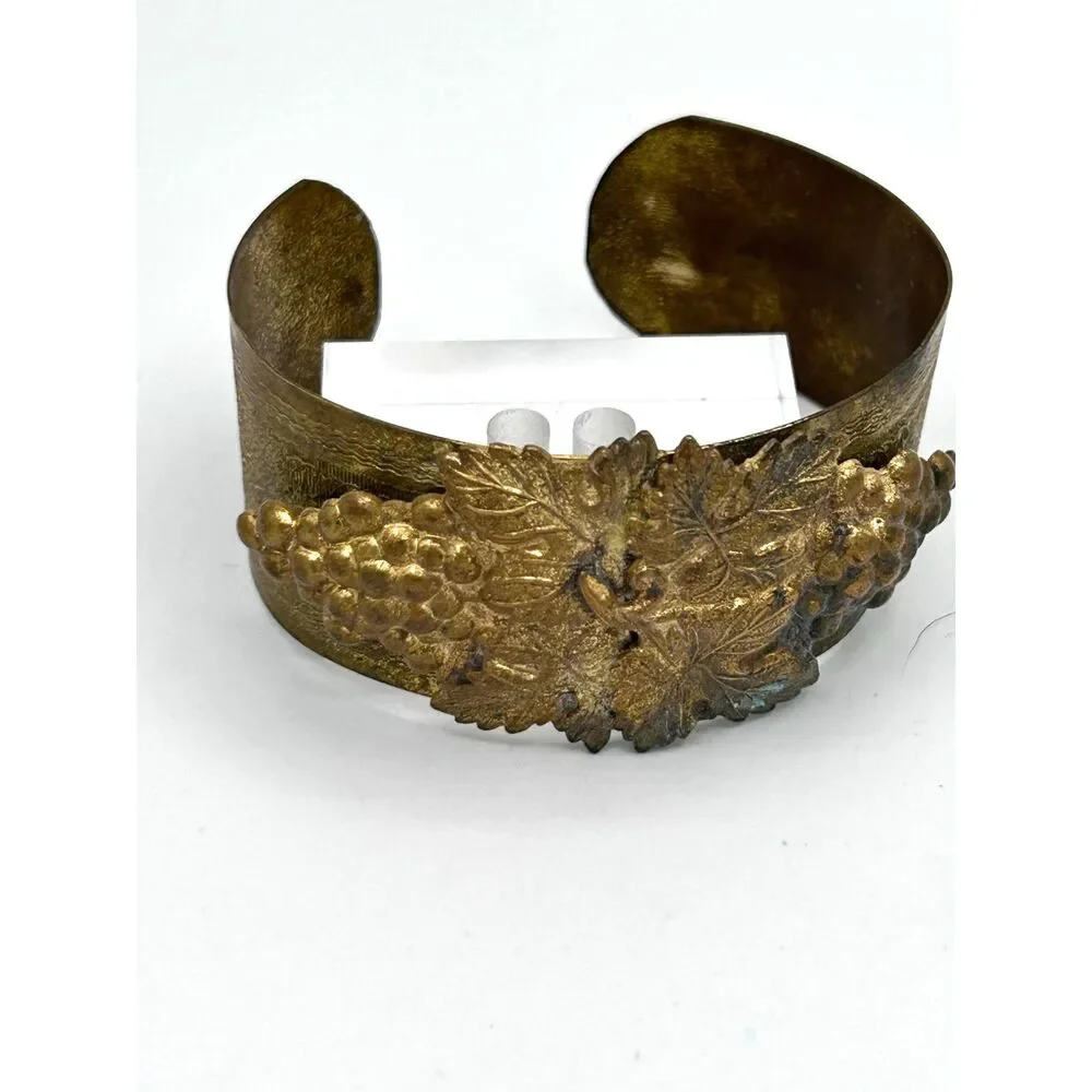 Vintage Brass Victorian Revival Cuff Bracelet Grapes Leaves Embossed
